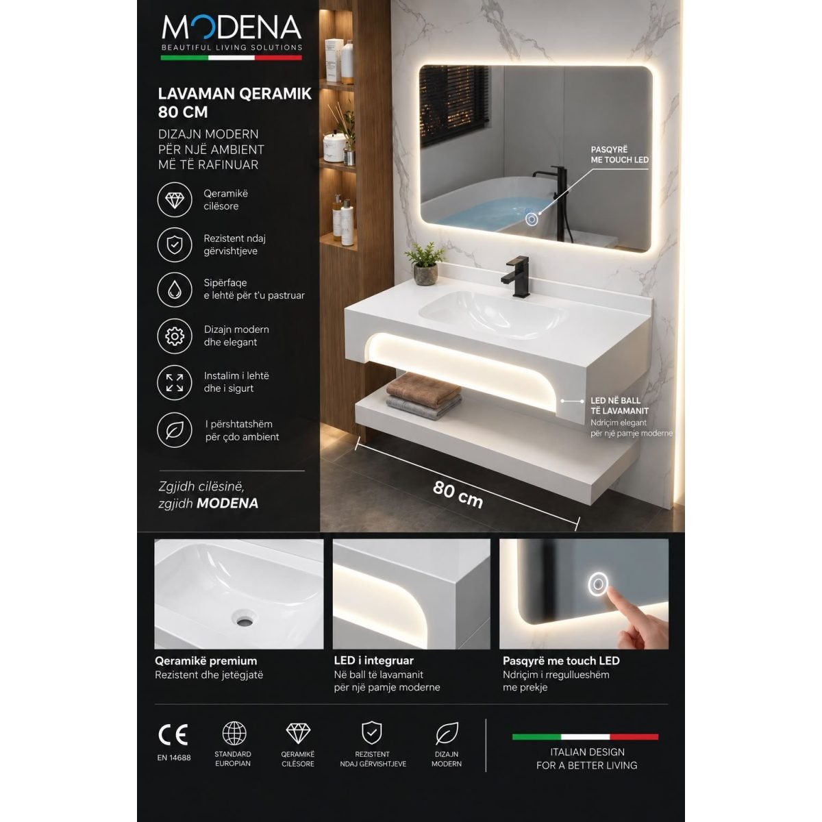 Lavaman qeramik i varur Modena 80 cm me LED të integruar