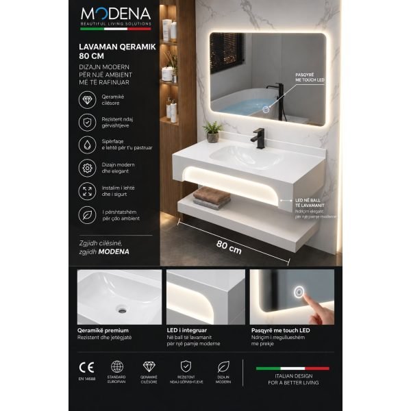 Lavaman qeramik i varur Modena 80 cm me LED të integruar