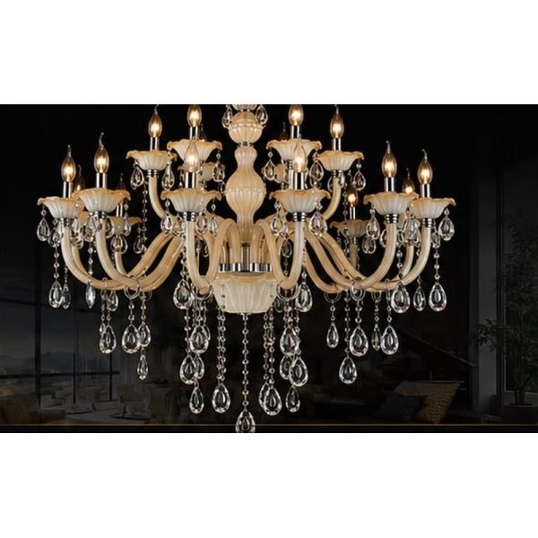 Llambadar klasik Gloss Light me xham fildishi dhe kristale, dy nivele