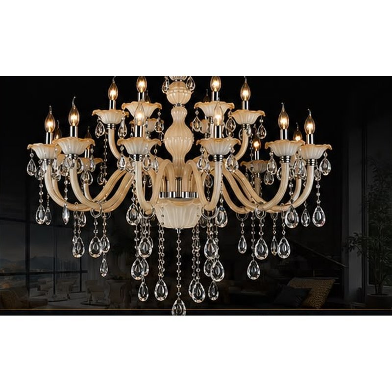 Llambadar klasik Gloss Light me xham fildishi dhe kristale, dy nivele