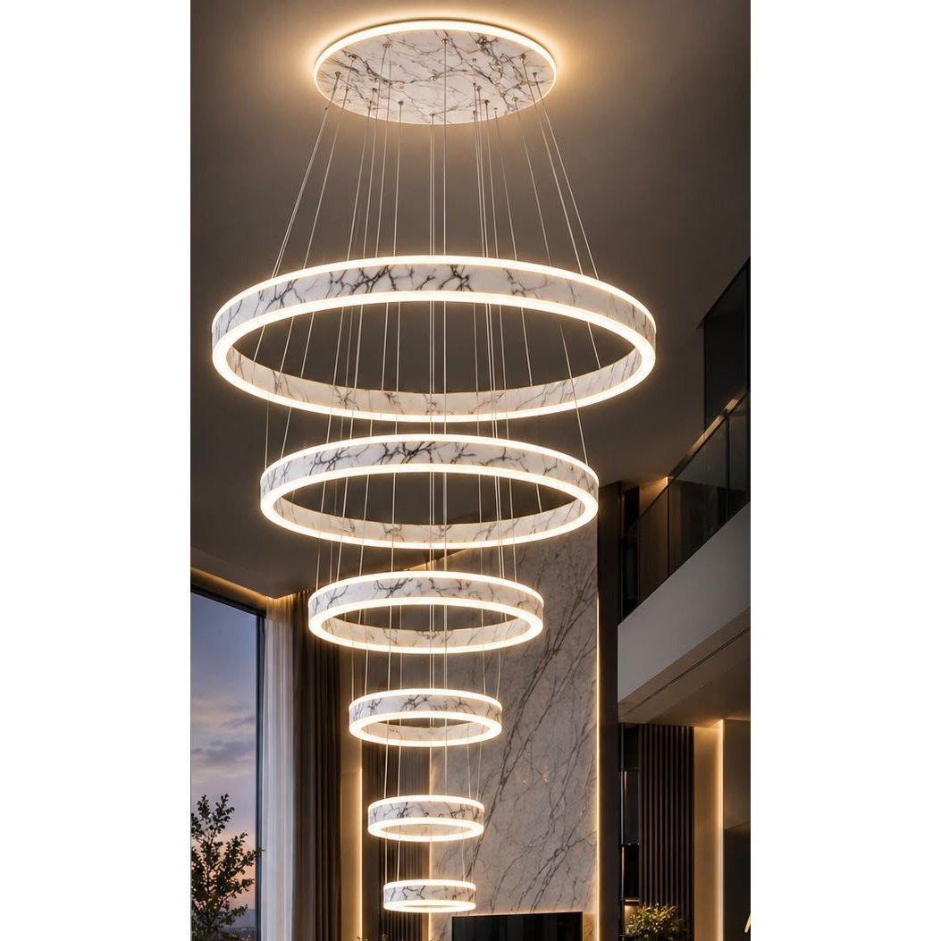 Llambadar LED Gloss Light kaskadë me 6 unaza, efekt mermeri
