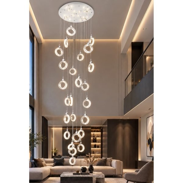 Llambadar LED Gloss Light kaskadë me unaza kristali, 3 m