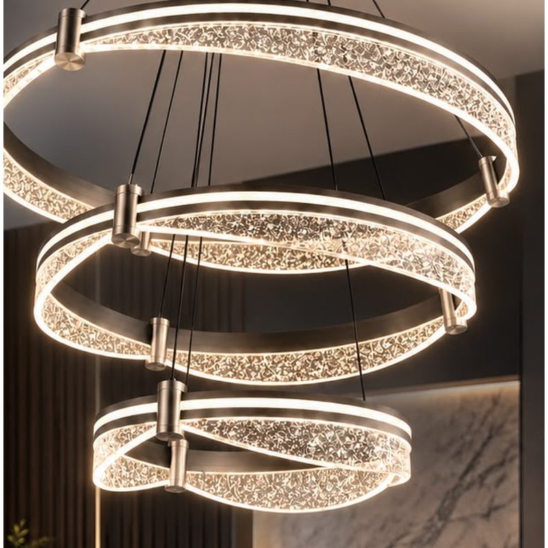 Llambadar LED Gloss Light me tri unaza kristali të valëzuara, bazë e zezë