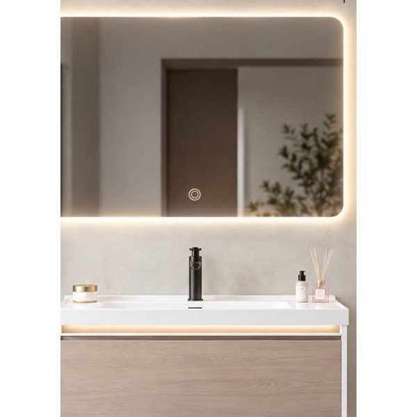 Mobilje banjo Modena 80 cm me kornizë të bardhë dhe pasqyrë LED